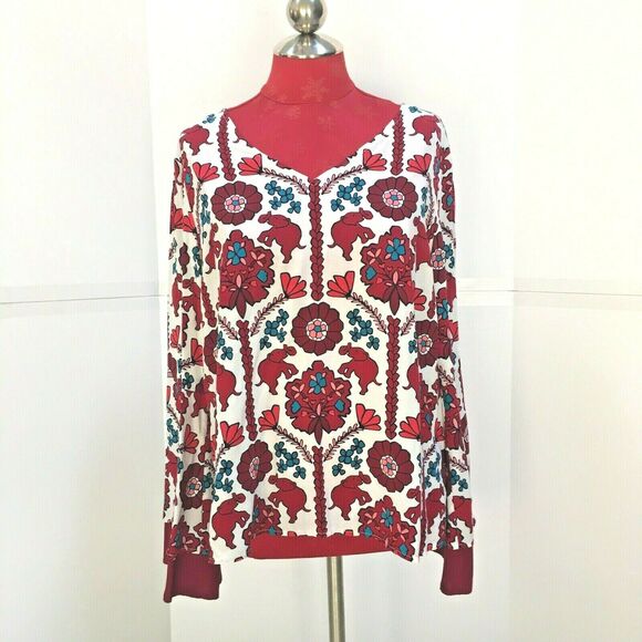 NWT Crown & Ivy blouse Ivory & Red Elephants PL - Picture 1 of 10